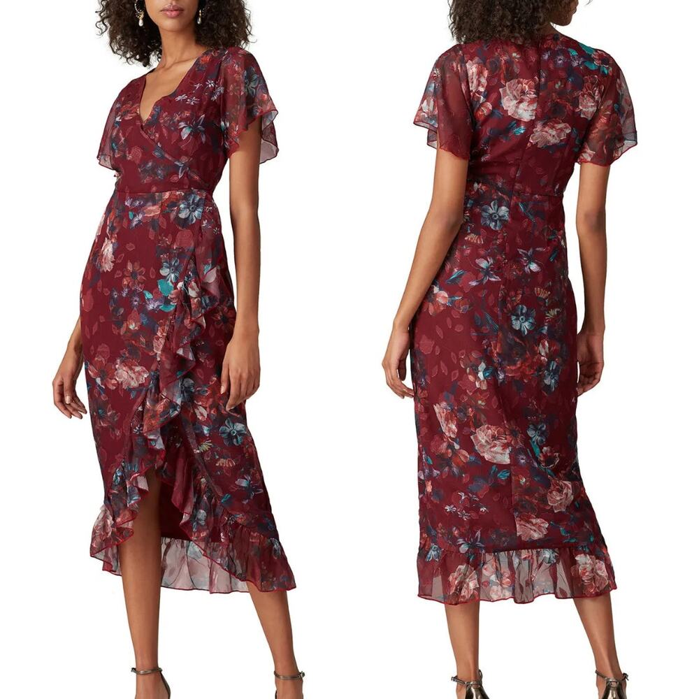 Vone Mireya Burgundy Maroon Chiffon Floral V-neck Ruffle Asymmetrical Midi Dress